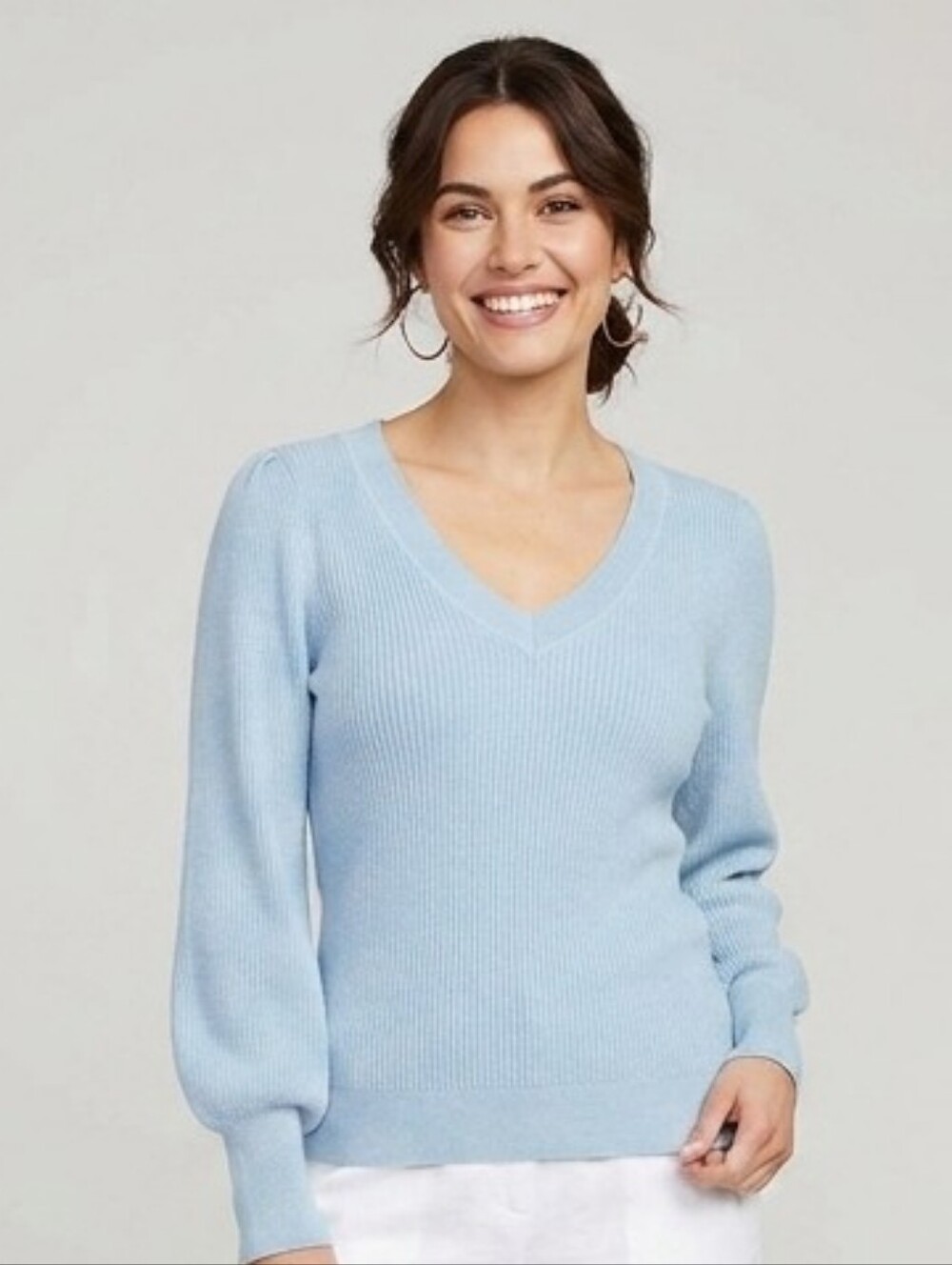 LOFT Light Blue V-Neck Puff Sleeve Sweater